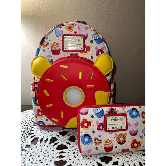 Loungefly Disney Winnie the Pooh Donuts Allover Print Mini Backpack Wallet - Picture 1 of 9
